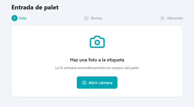 Pantalla de entrada de palet con foto